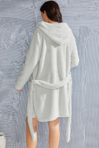 Fuzzy Tied Pocketed Hooded Lounge Nightgown | Soft Solid Polyester Nightgown