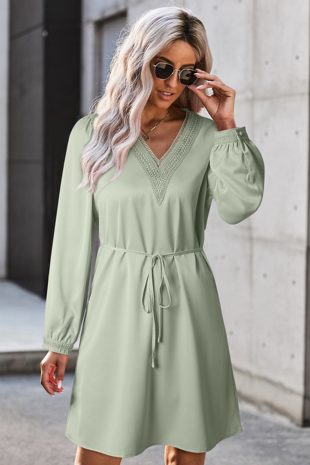 V-Neck Long Sleeve Mini Dress | Casual Sweet Lace V-neck Mini Cocktail Dress