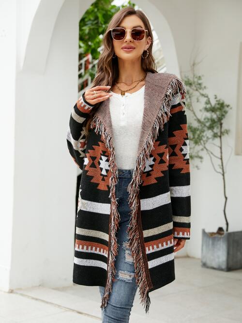 Fringe Geometric Hooded Long Sleeve Cardigan | Acrylic Openwork Cardigan