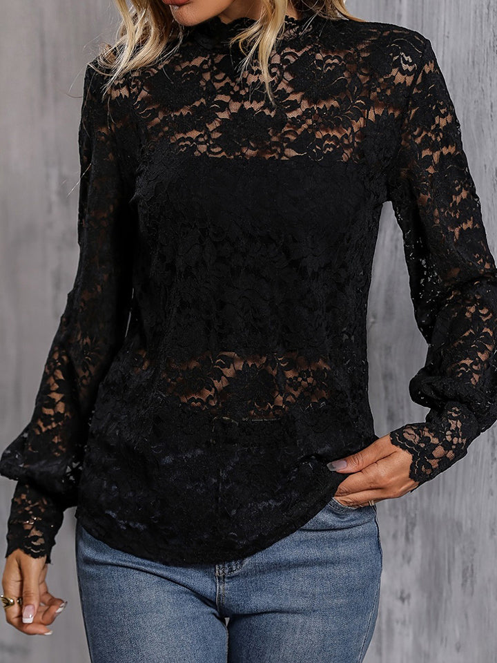 Mock Neck Lace Blouse | Woman's Semi-Sheer Polyester Top With long Sleeves