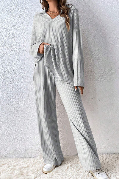 Ribbed Slit Top and Pants Set