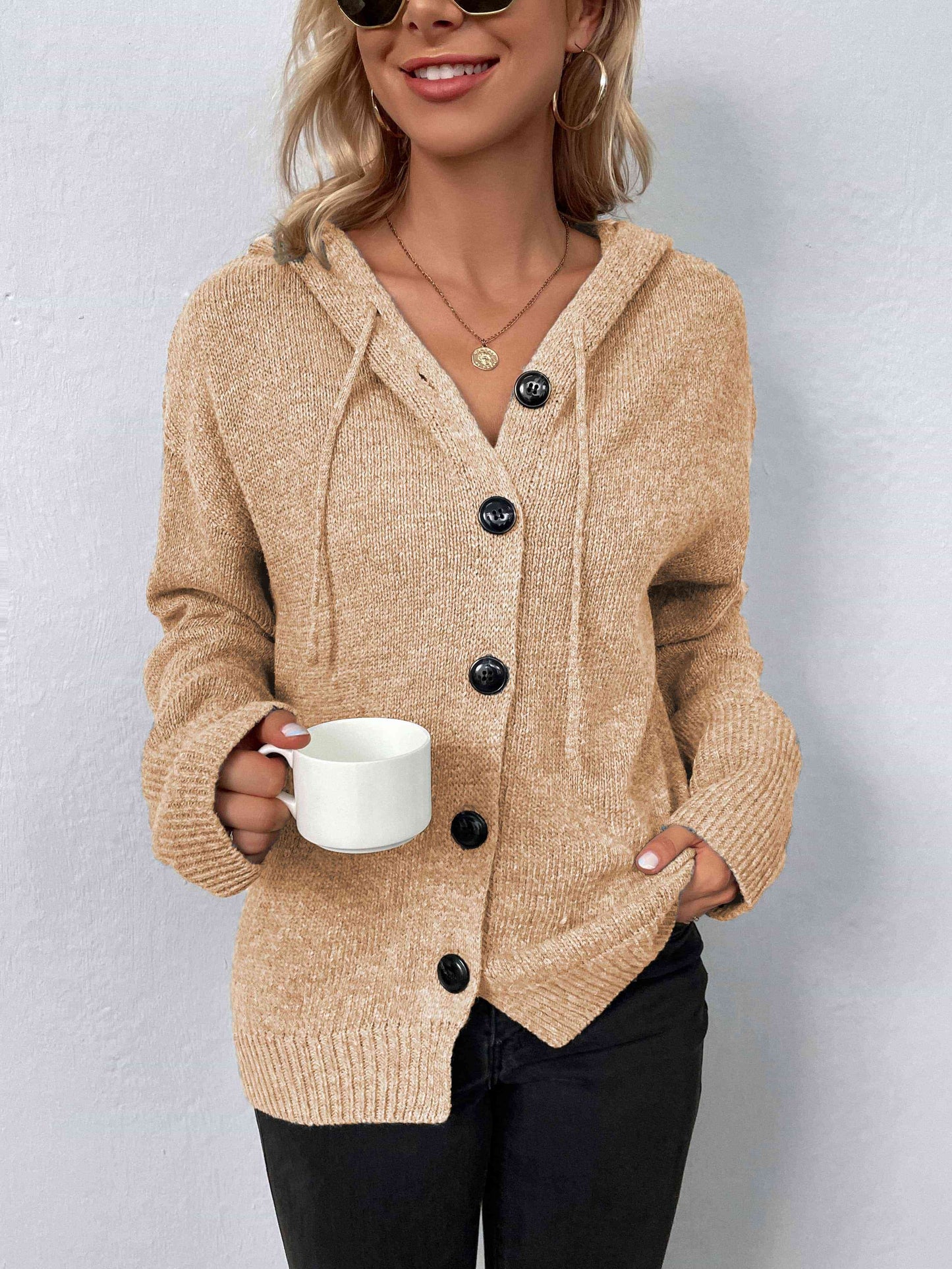 Button-Down Long Sleeve Hooded Sweater | Solid Sweater With Ribbed Cuffs