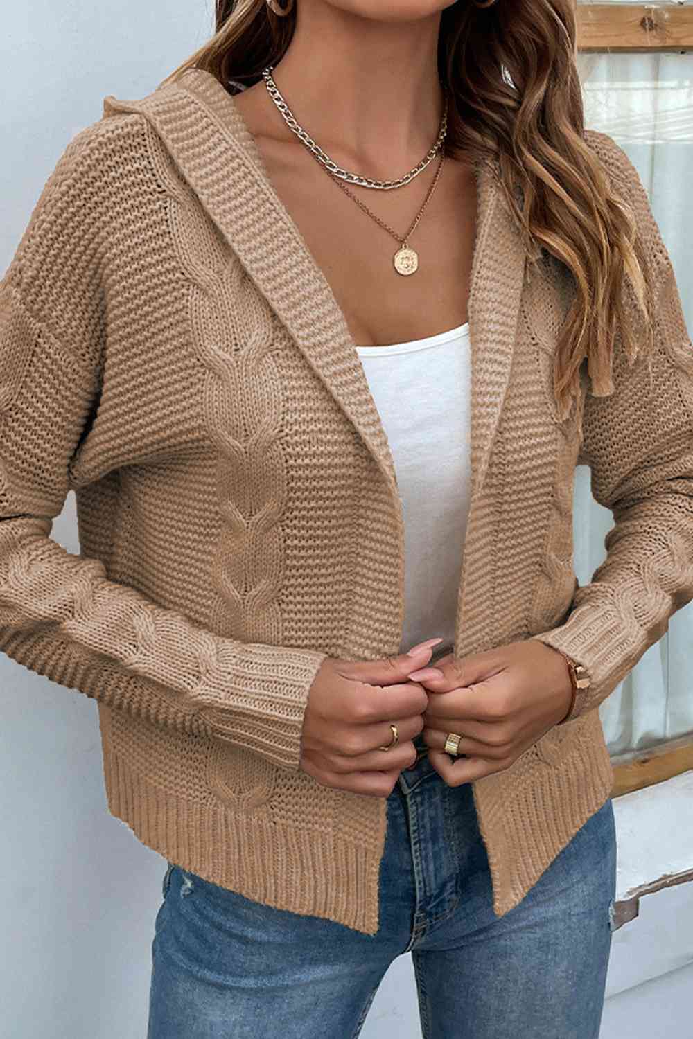 Cable-Knit Dropped Shoulder Hooded Cardigan | Casual Solid Ribbed Cardigan