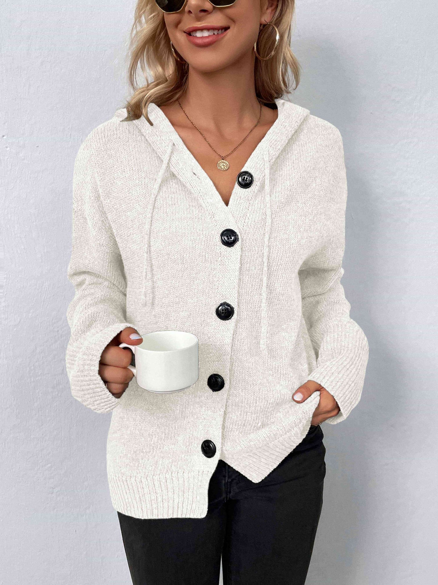 Button-Down Long Sleeve Hooded Sweater | Solid Sweater With Ribbed Cuffs