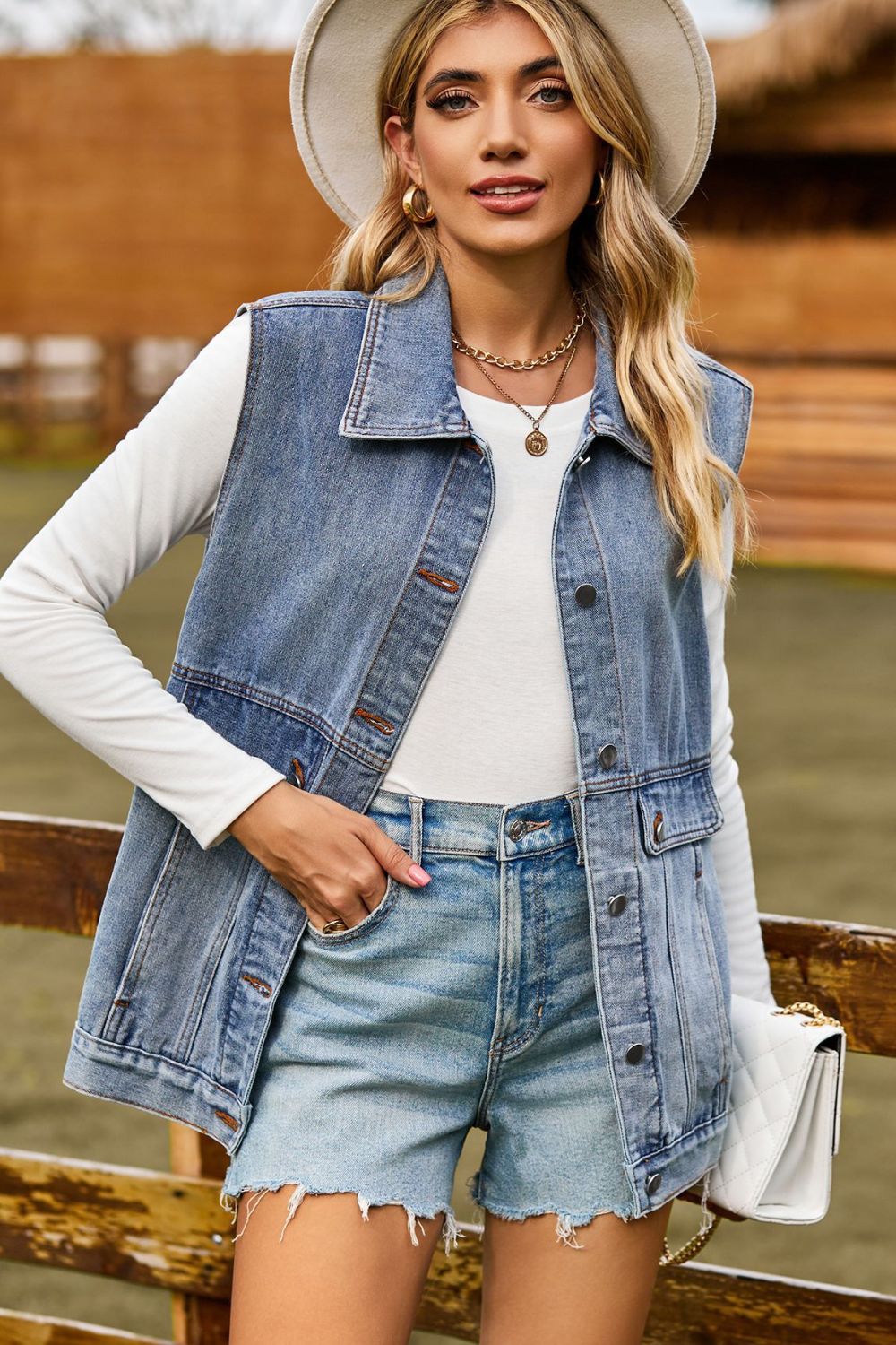 Sleeveless Collared Neck Denim Top with Pockets | Casual Solid Sleeveless Top