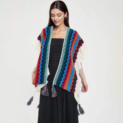 Striped Ruffle Trim Tassel Shawl