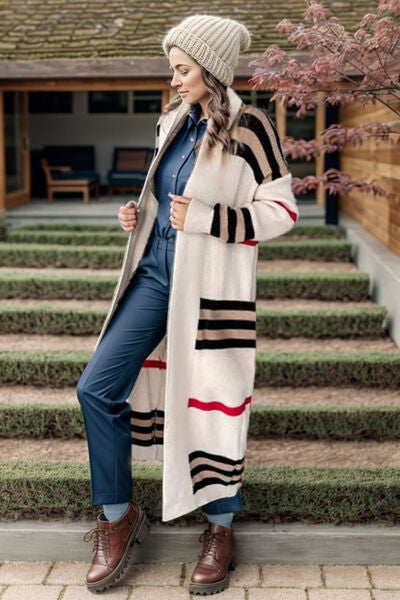 Striped Open Front Long Sleeve Longline Sweater Cardigan | Casual Cardigan