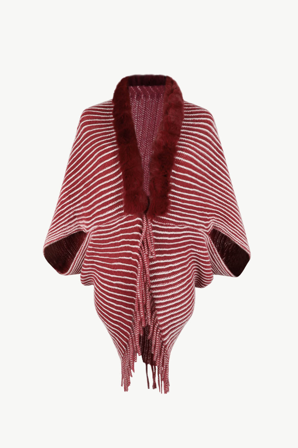 Striped Open Front Fringe Poncho | Casual Woman's Stretchy Polyester Poncho