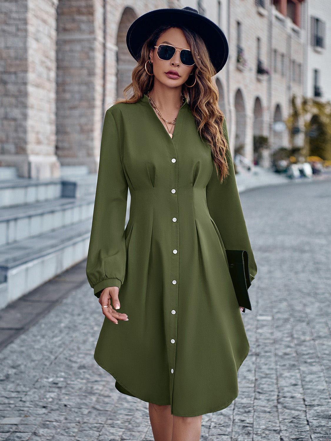 Notched Neck Long Sleeve Dress | Casual Polyester Dress With Button Closure