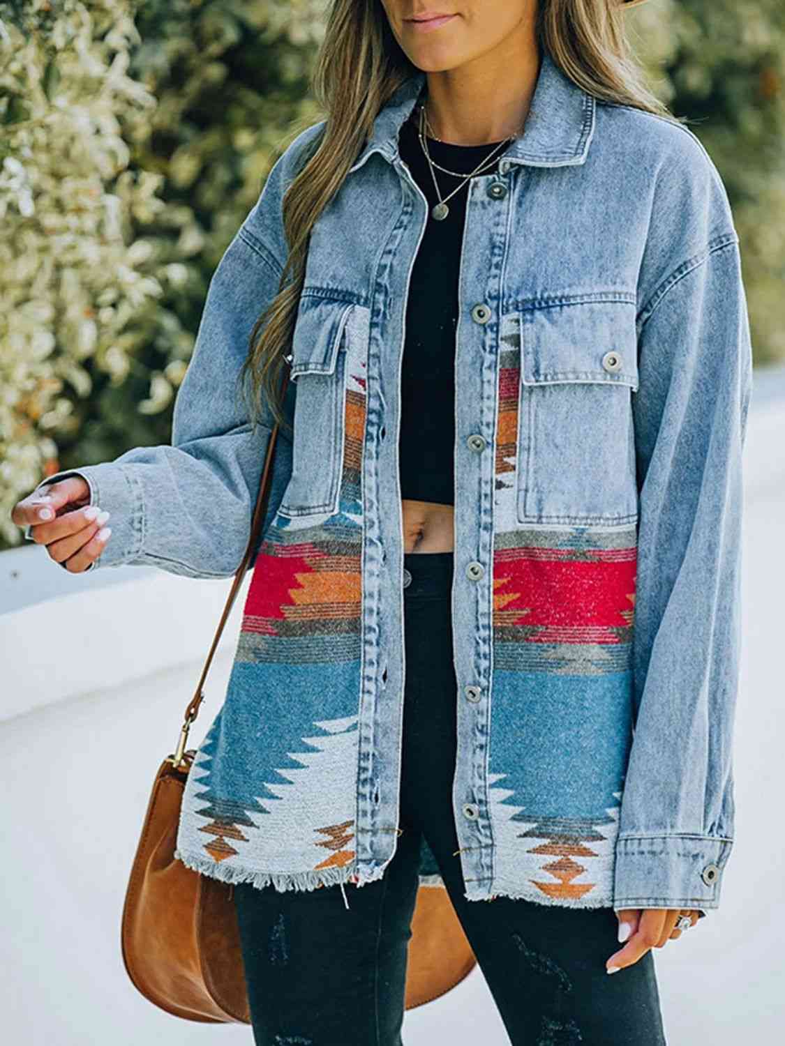 Collared Neck Dropped Shoulder Denim Jacket | Buttoned Jacket With Pockets