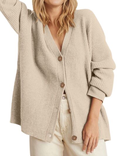 Button Up Long Sleeve Cardigan | Casual Drop Shoulder Polyester Cardigan