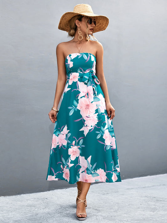 Floral Print Tie Waist Straight Neck Midi Dress