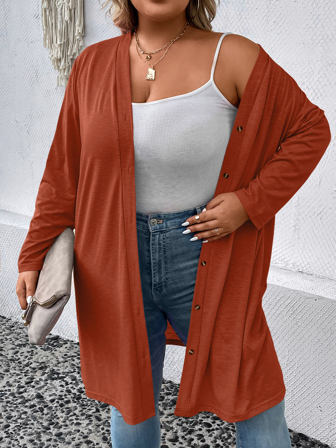 Plus Size Button Down Longline CardiganPlus Size Button Down Longline Cardigan | Polyester Cardigan With Long Sleeves