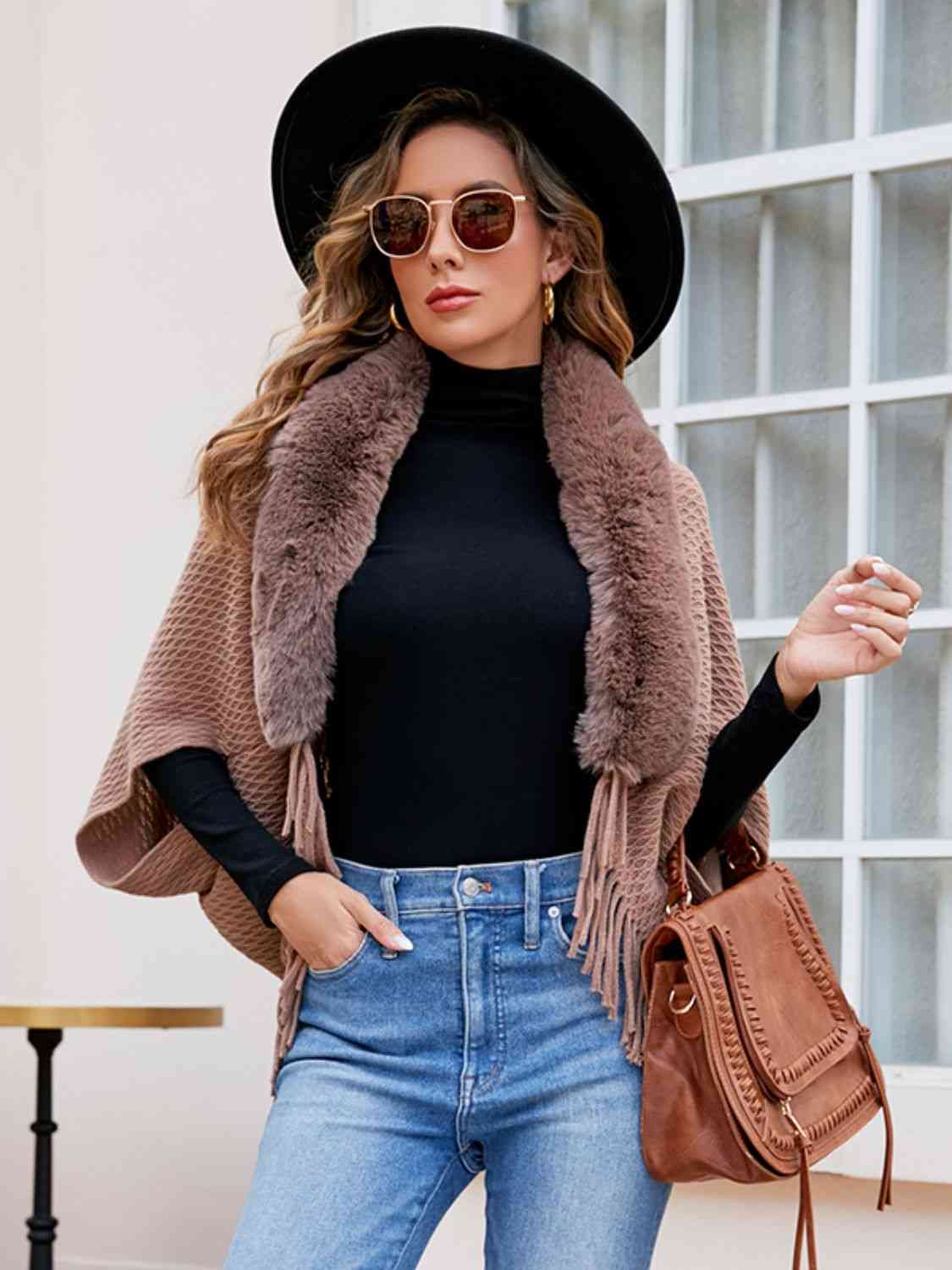 Open Front Fringe Hem Poncho | Casual Solid Fur Stretchy Polyester Poncho