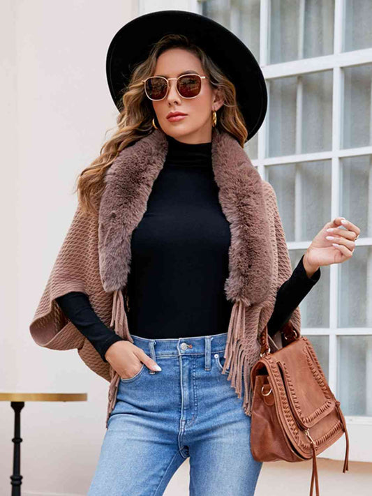 Open Front Fringe Hem Poncho | Casual Solid Fur Stretchy Polyester Poncho