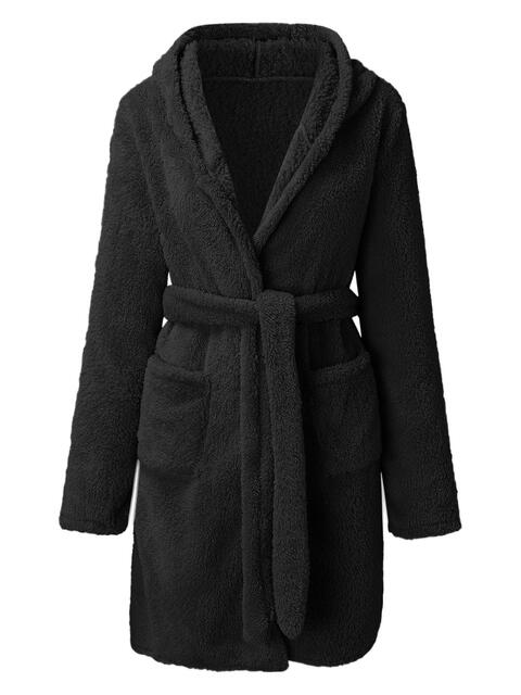 Tie Waist Hooded Robe | Soft Solid Stretched Polyester Robe With Pockets