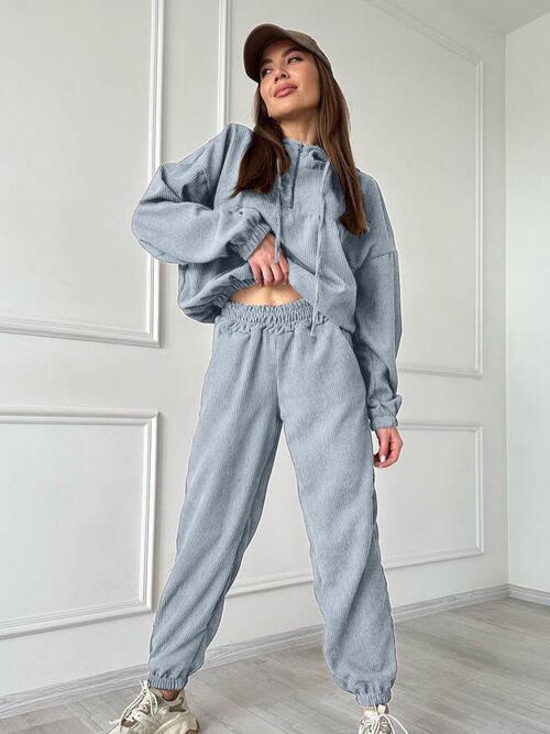 Half Zip Drawstring Hoodie and Pants Set | Polyester Set With Waistband Pants