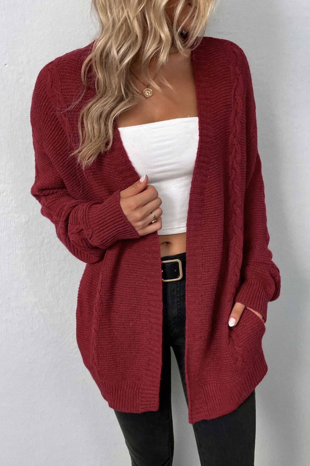 Cable-Knit Open Front Cardigan with Pockets | Casual Cardigan With Ribbed Sleeve