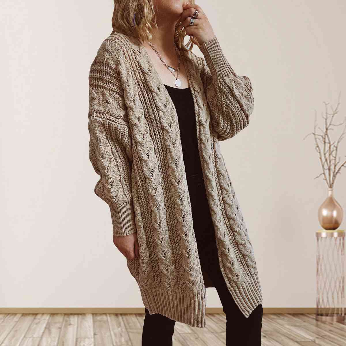 Cable-Knit Open Front Dropped Shoulder Cardigan | Warm Cardigan With Ribbed Hem