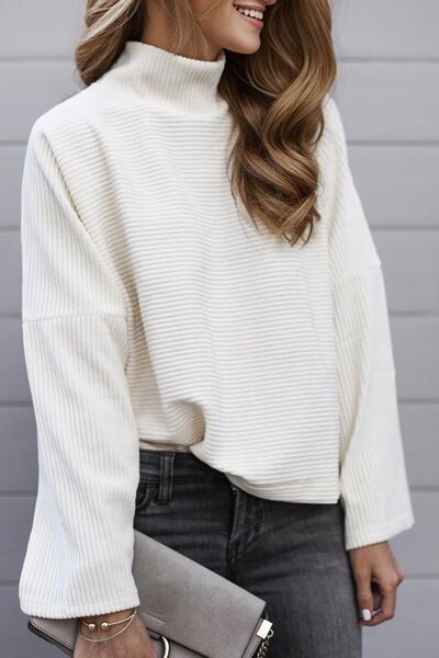 Turtleneck Slit Dropped Shoulder Sweater | Casual Polyester Ribbed Sweater