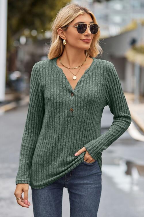 Ribbed Half Button Long Sleeve Knit Top | Casual Polyester Knit Top Buttons