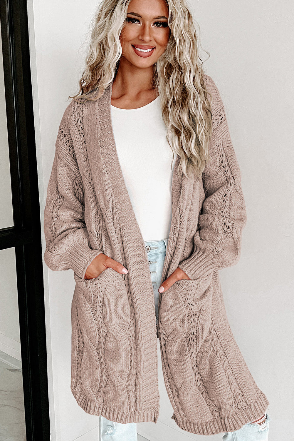 Cable-Knit Dropped Shoulder Cardigan | Acrylic Casual Cable Knit Cardigan