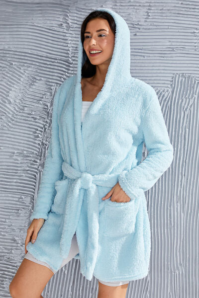 Fuzzy Tied Pocketed Hooded Lounge Nightgown | Soft Solid Polyester Nightgown