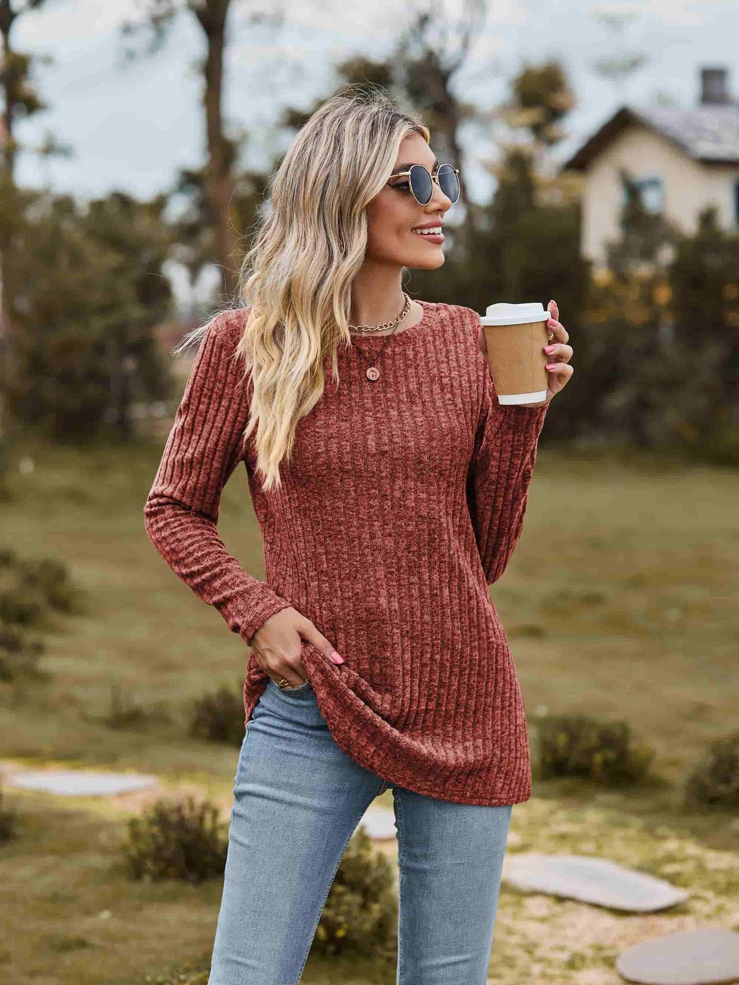 Ribbed Round Neck Long Sleeve Tee | Casual Heathered Solid Polyester Top