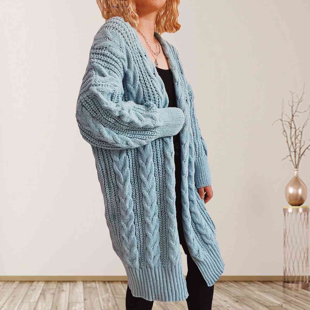 Cable-Knit Open Front Dropped Shoulder Cardigan | Warm Cardigan With Ribbed Hem