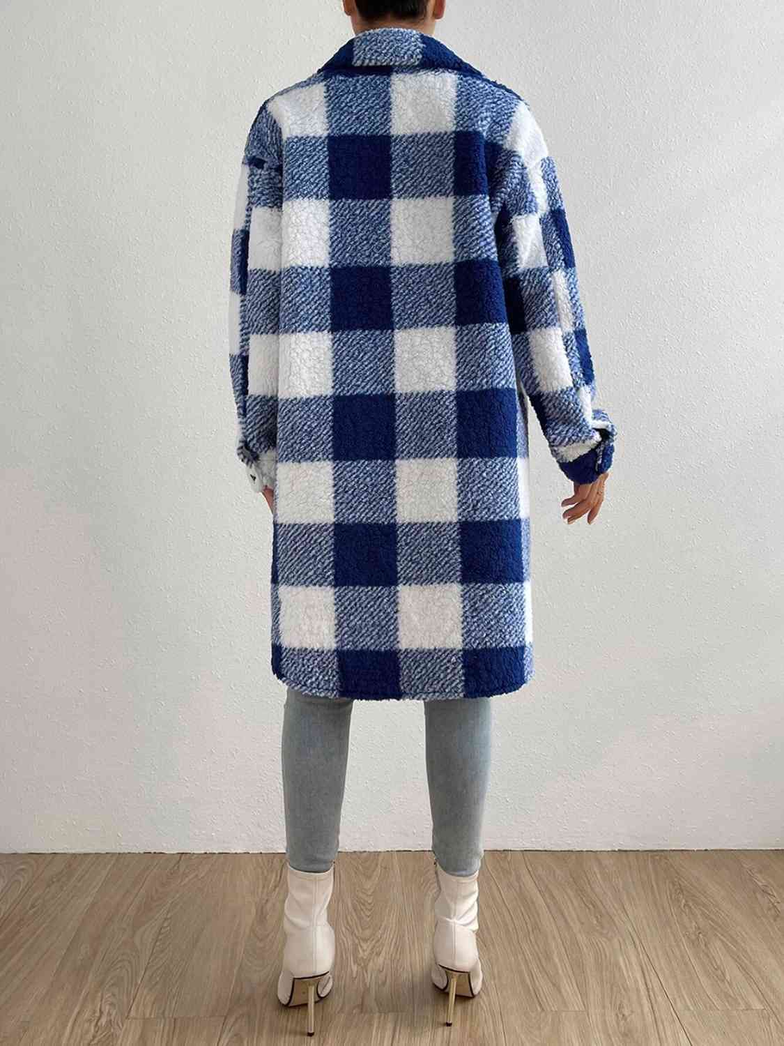 Plaid Collared Neck Button Down Coat | Casual Polyester Coat With Chest Pockets