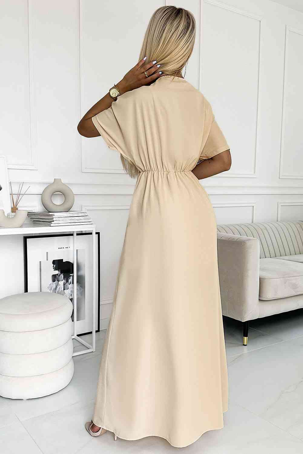 Surplice Neck Slit Maxi Dress | Formal Solid Polyester Dress With Short Sleeves