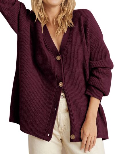 Button Up Long Sleeve Cardigan | Casual Drop Shoulder Polyester Cardigan