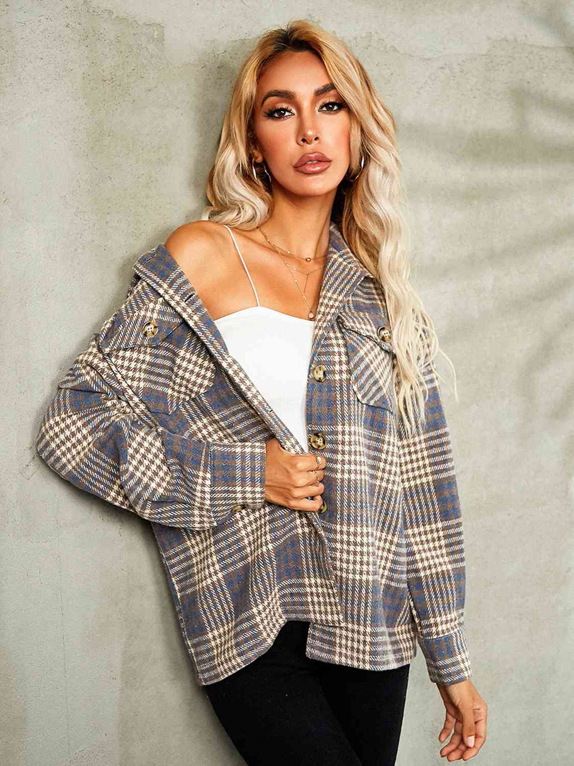 Plaid Button Down Collared Jacket | Woman's Casual Jacket With Chest Pockets