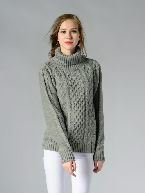 Cable-Knit Turtleneck Long Sleeve Sweater | Woman's Casual Acrylic Sweater