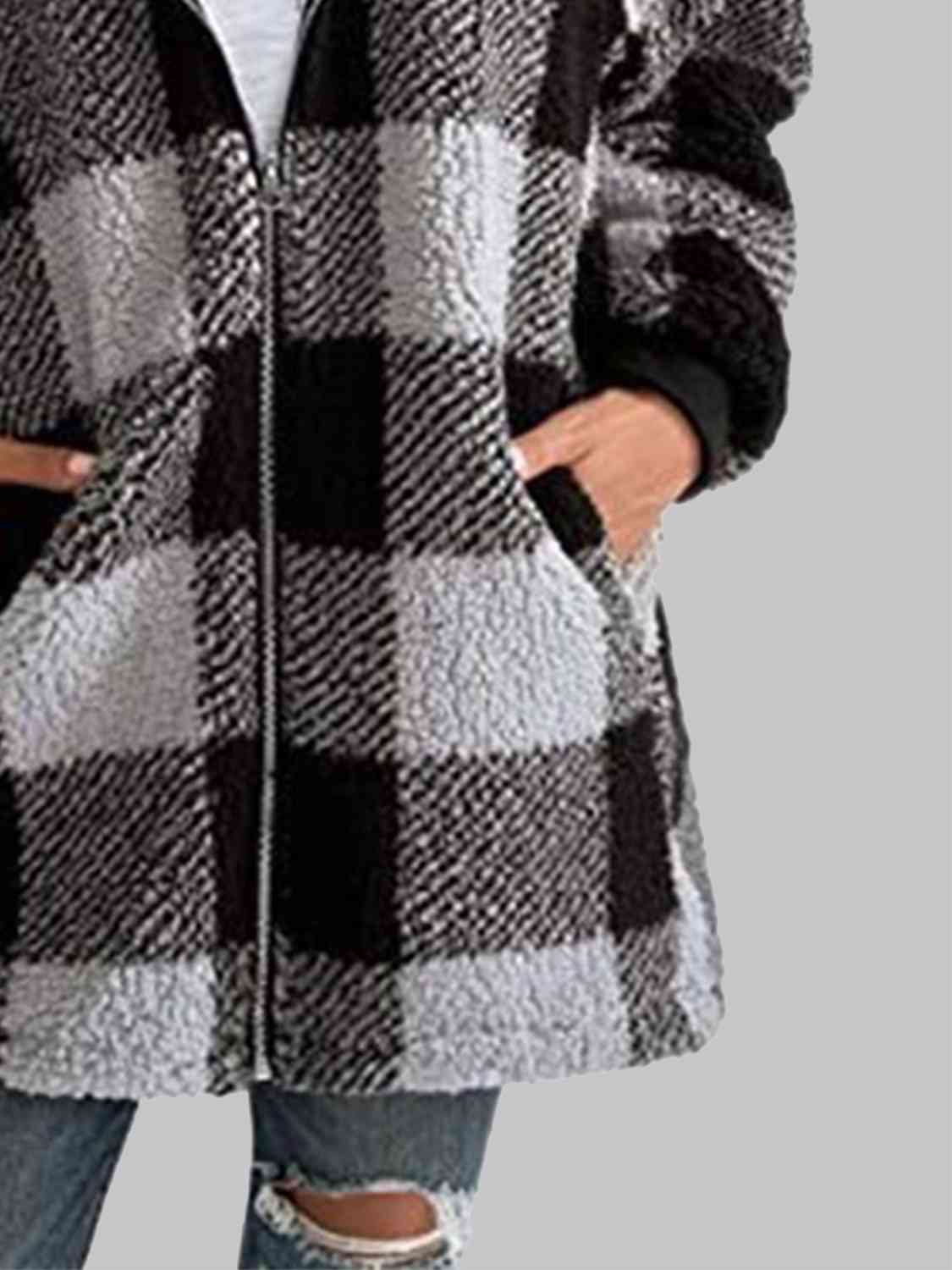 Plaid Zip-Up Hooded Jacket with Pockets | Warm Cozy Fuzzy Sherpa Jacket Shirt