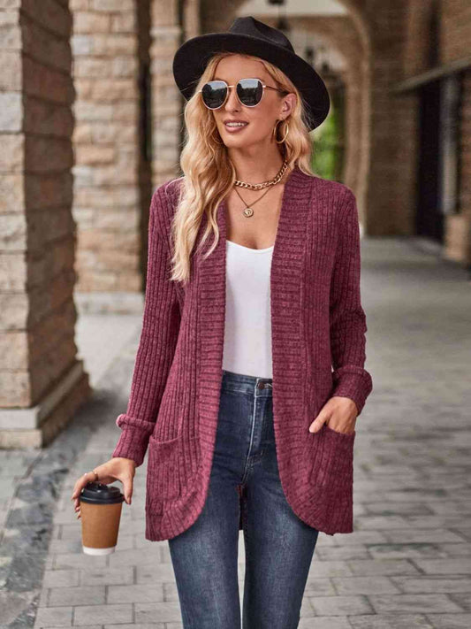 Open Front Cardigan with Pockets | Solid Casual Polyester Ribbed Cardigan