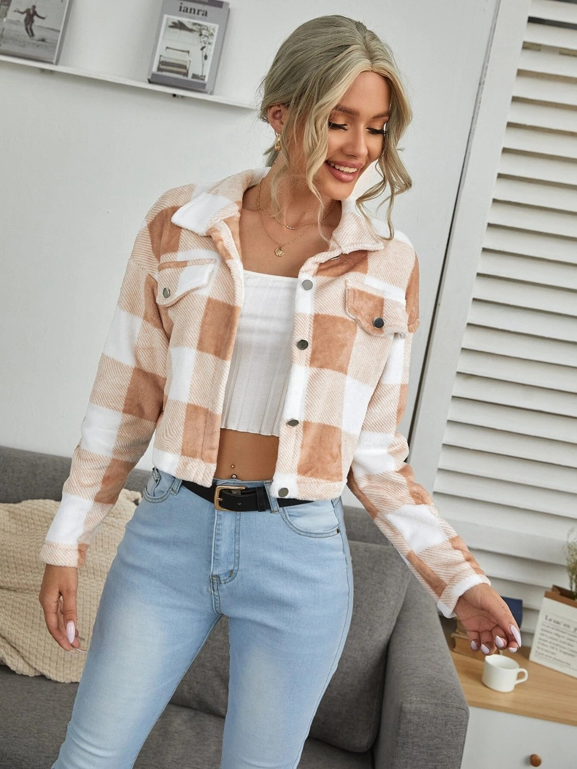 Plaid Button Down Collared Jacket | Casual Cropped Polyester Jacket With Pockets