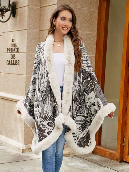 Printed Open Front Poncho | Casual Woman's Acrylic Poncho With Fur Detail