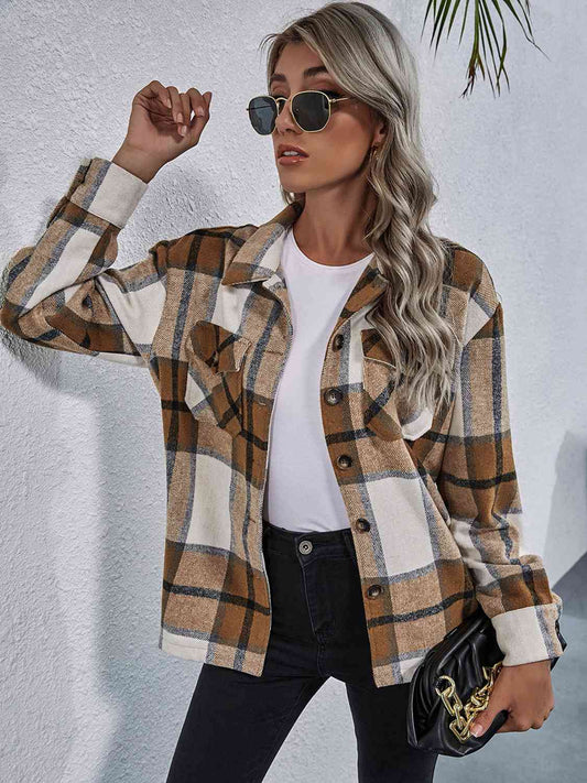 Plaid Button Down Collared Jacket | Woman's Casual Jacket With Chest Pockets