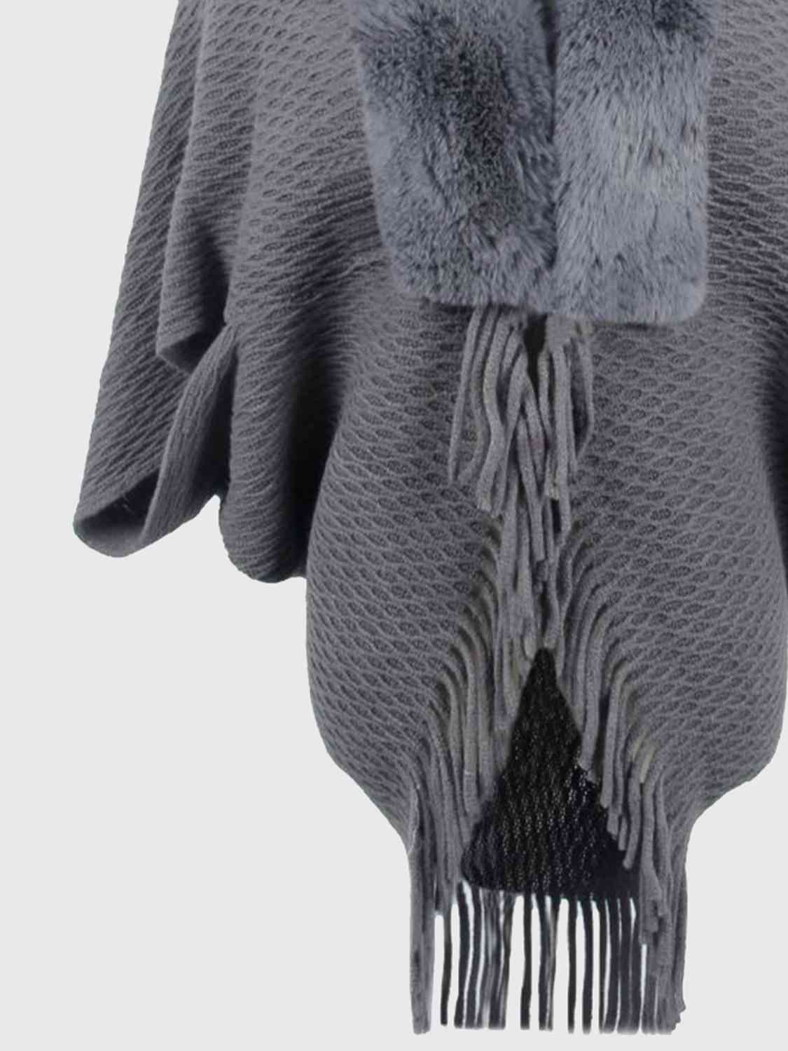 Open Front Fringe Hem Poncho | Casual Solid Fur Stretchy Polyester Poncho
