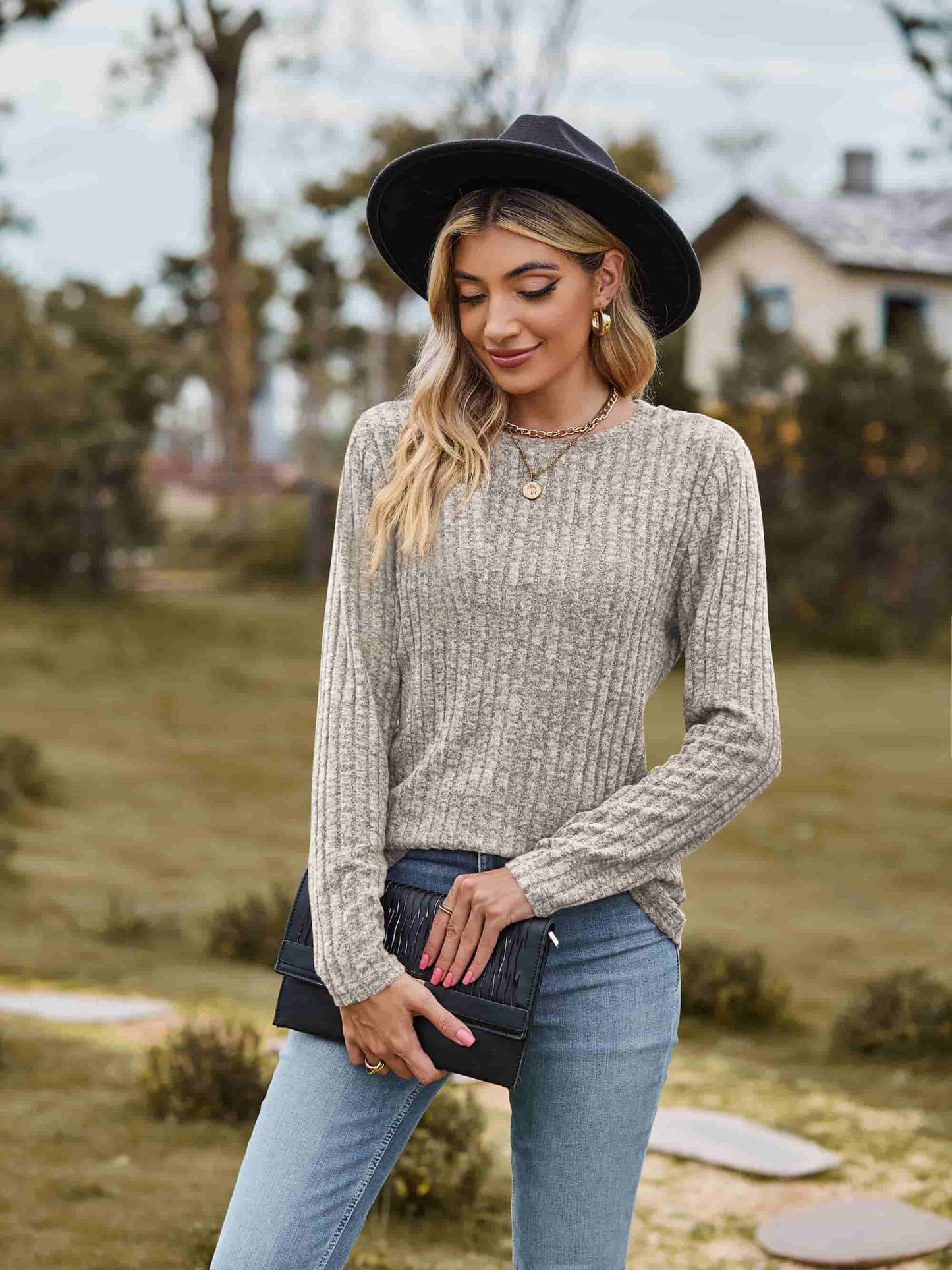 Ribbed Round Neck Long Sleeve Tee | Casual Heathered Solid Polyester Top