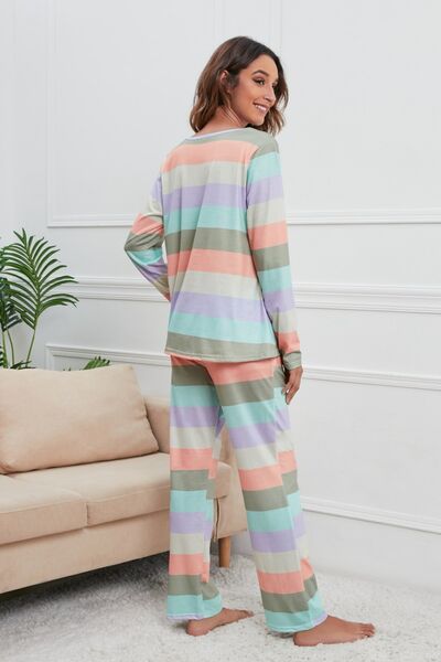 Striped Round Neck Long Sleeve Top and Drawstring Pants Lounge Set | Cotton Set