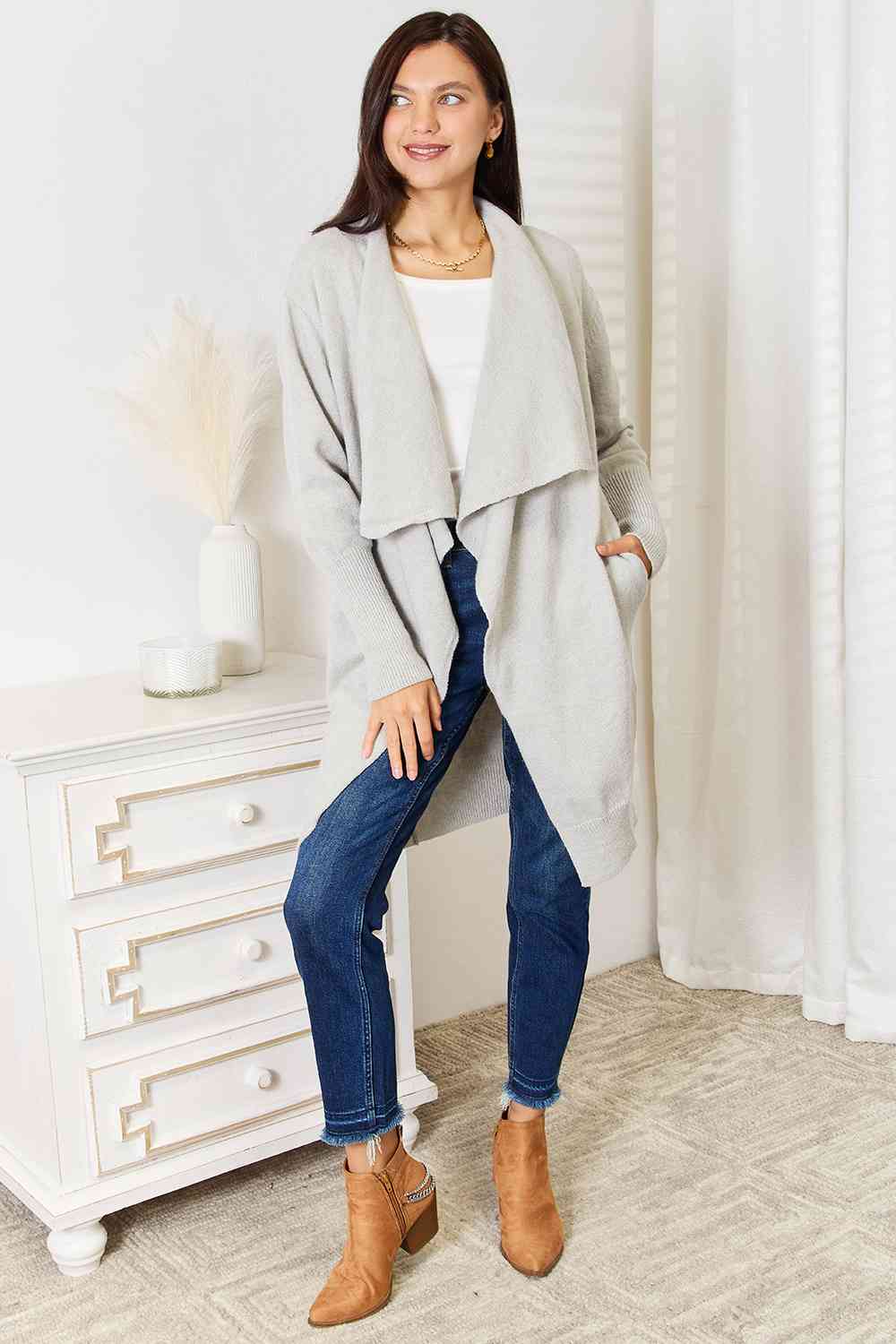 Double Take Open Front Duster Cardigan with Pockets | Cardigan With Ribbed Hem