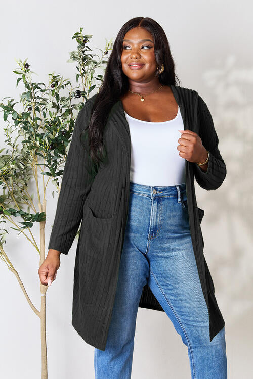 Basic Bae Full Size Ribbed Open Front Long Sleeve Cardigan | Hooded Cardigan