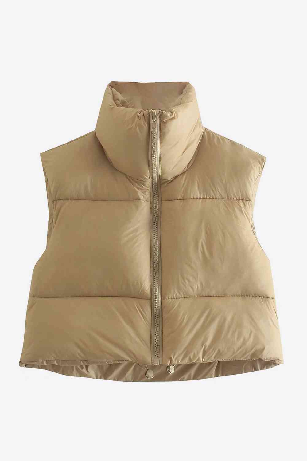 Zip-Up Drawstring Puffer Vest | Cropped Solid Band Collar Polyester Vest