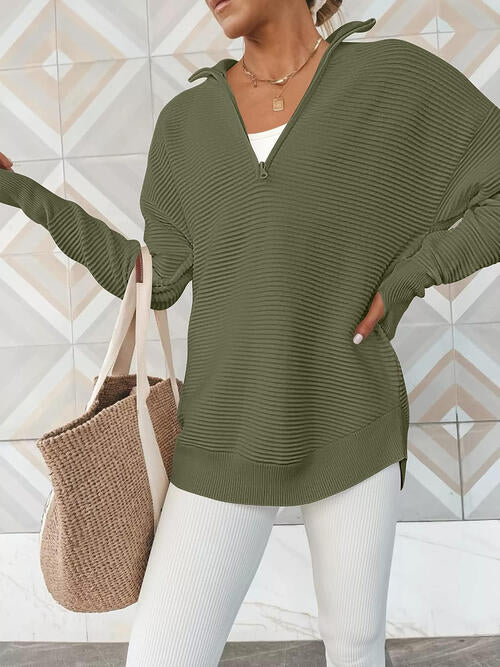 Half Zip Long Sleeve Knit Top | Casual Woman's Solid Stretchy Drop Shoulder Top