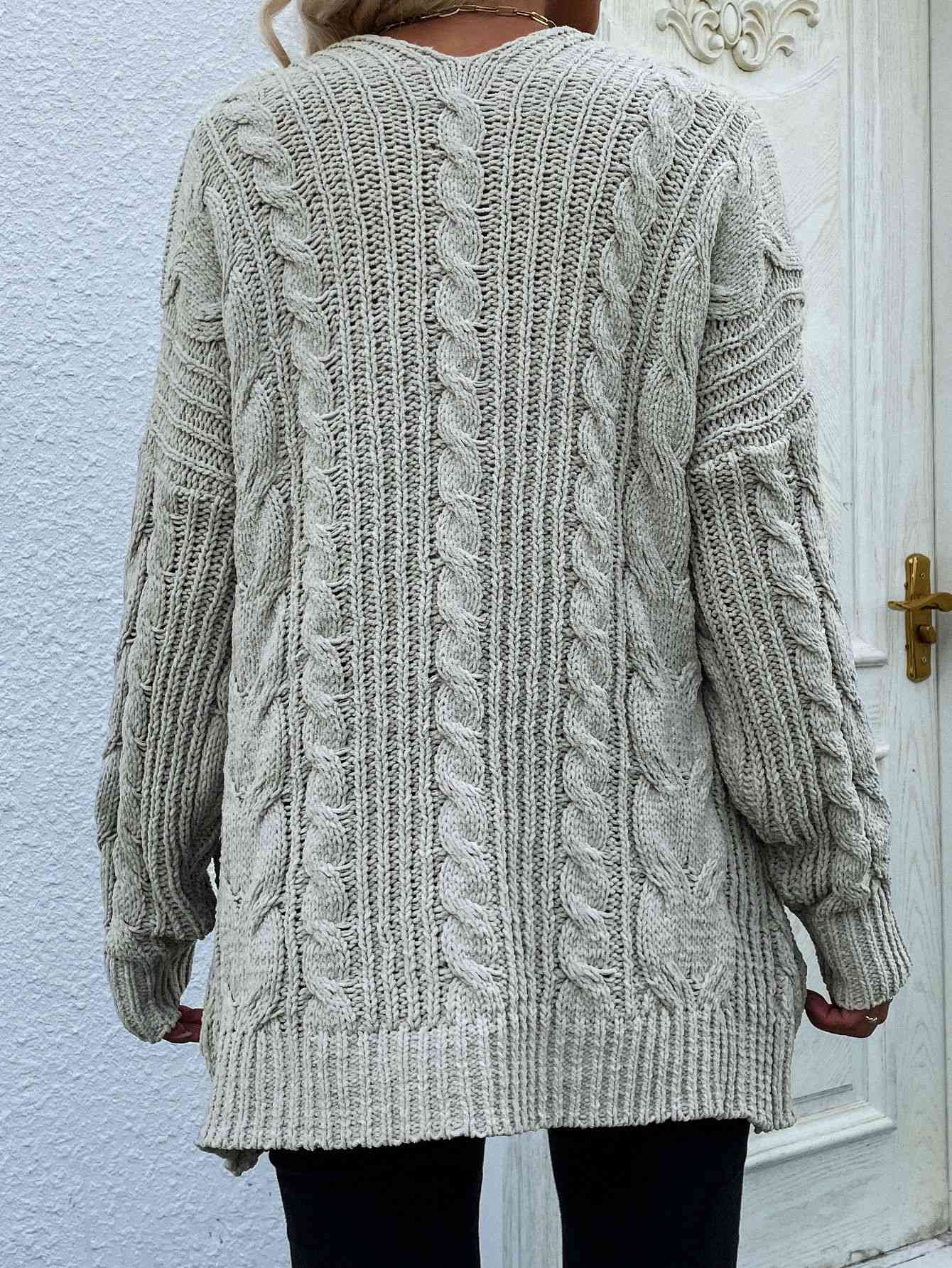 Woven Right Cable-Knit Open Front Cardigan with Front | Pockets Acrylic Cardigan