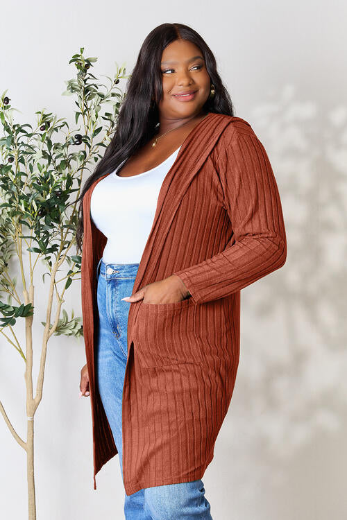 Basic Bae Full Size Ribbed Open Front Long Sleeve Cardigan | Hooded Cardigan