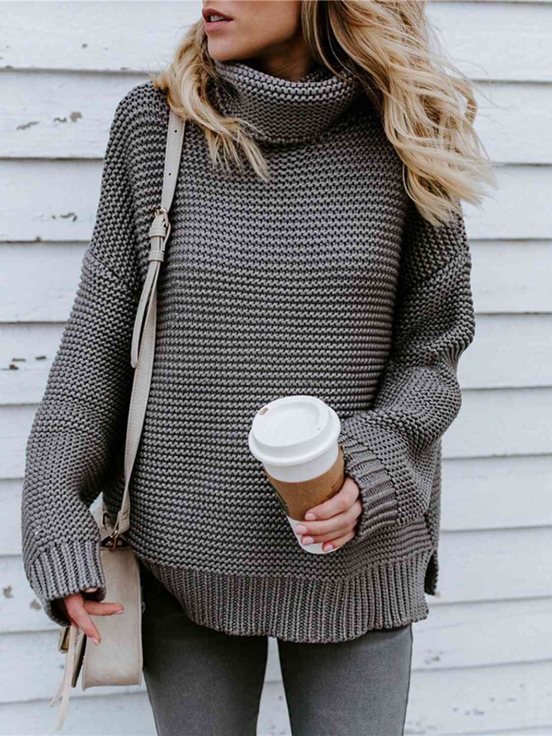 Turtleneck Dropped Shoulder Slit Sweater | Fashionable Knitted Acrylic Sweater