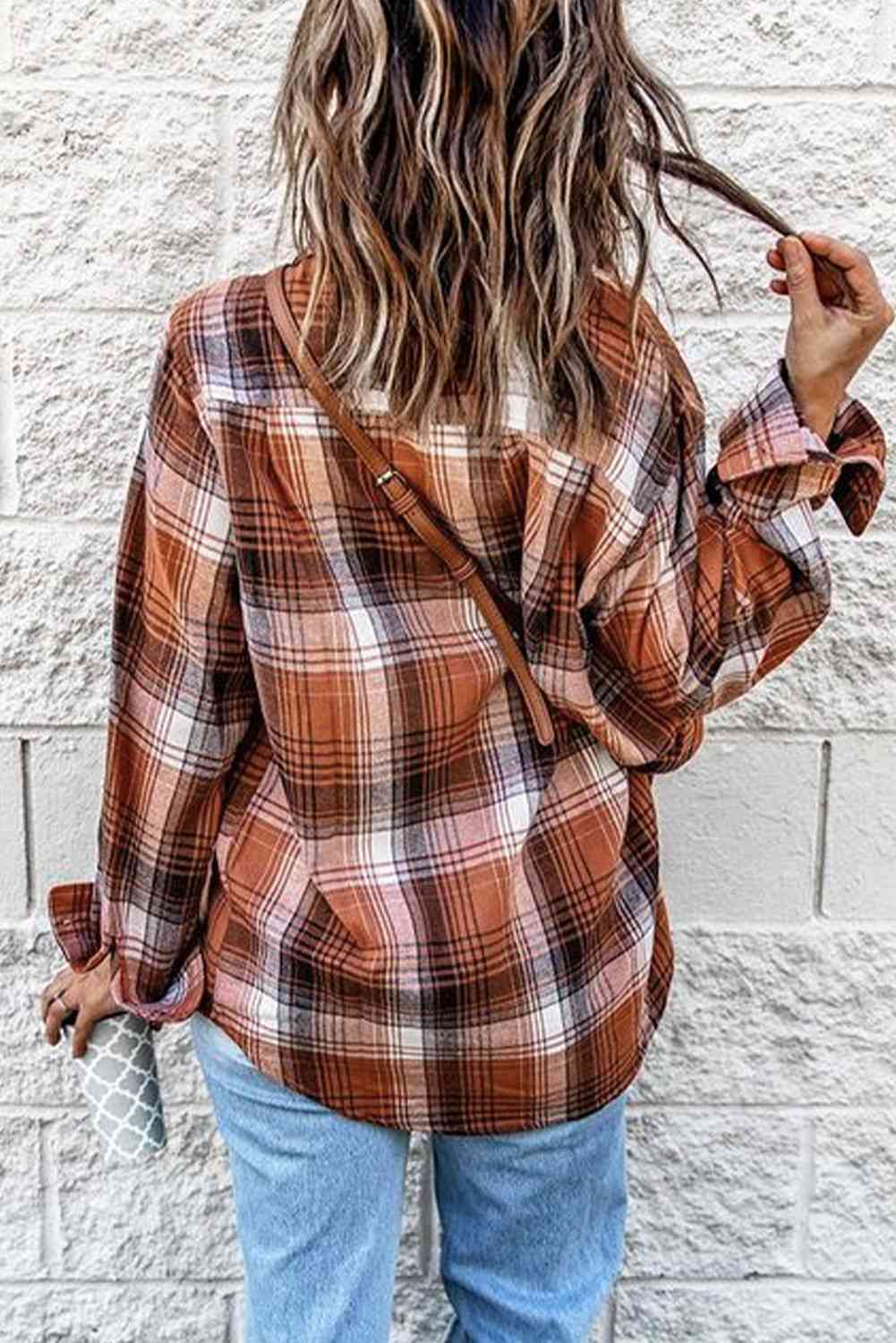 Collared Neck Long Sleeve Plaid Shirt | Casual Polyester Shirt With Buttons